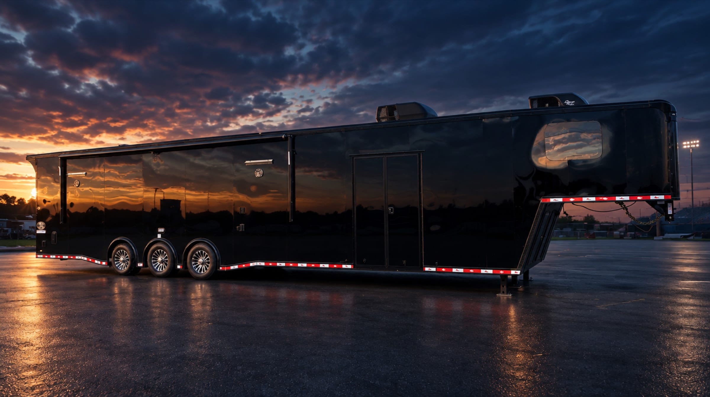 ARK Race Team 44-foot gooseneck trailer with living quarters, parked in the paddock at dusk